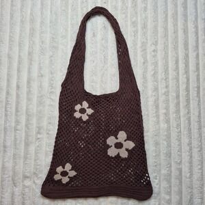 Brown Crochet Knit Floral Daisy Tote Bag Market Shopper Viscose Boho Boho Brown